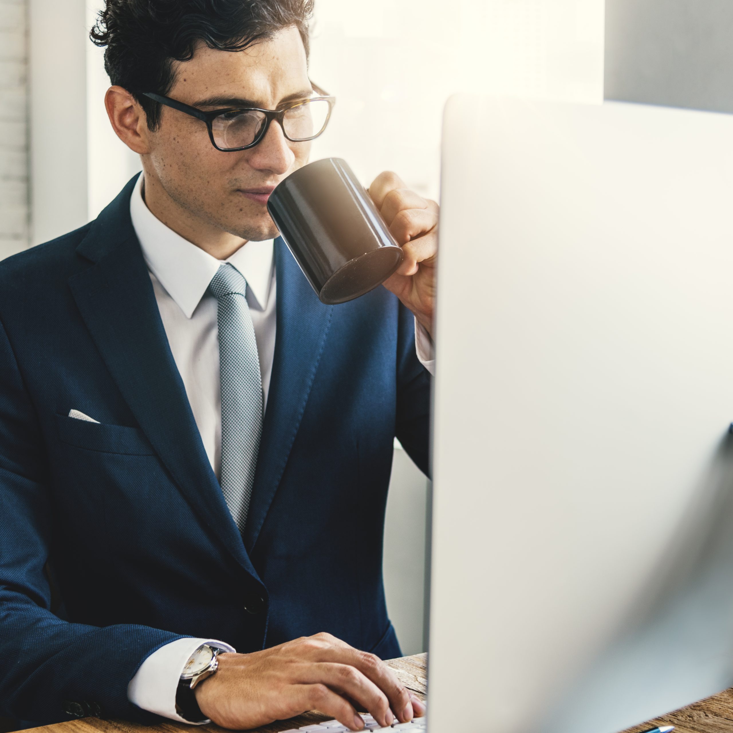 Business Man Drinking Coffee Office Concept