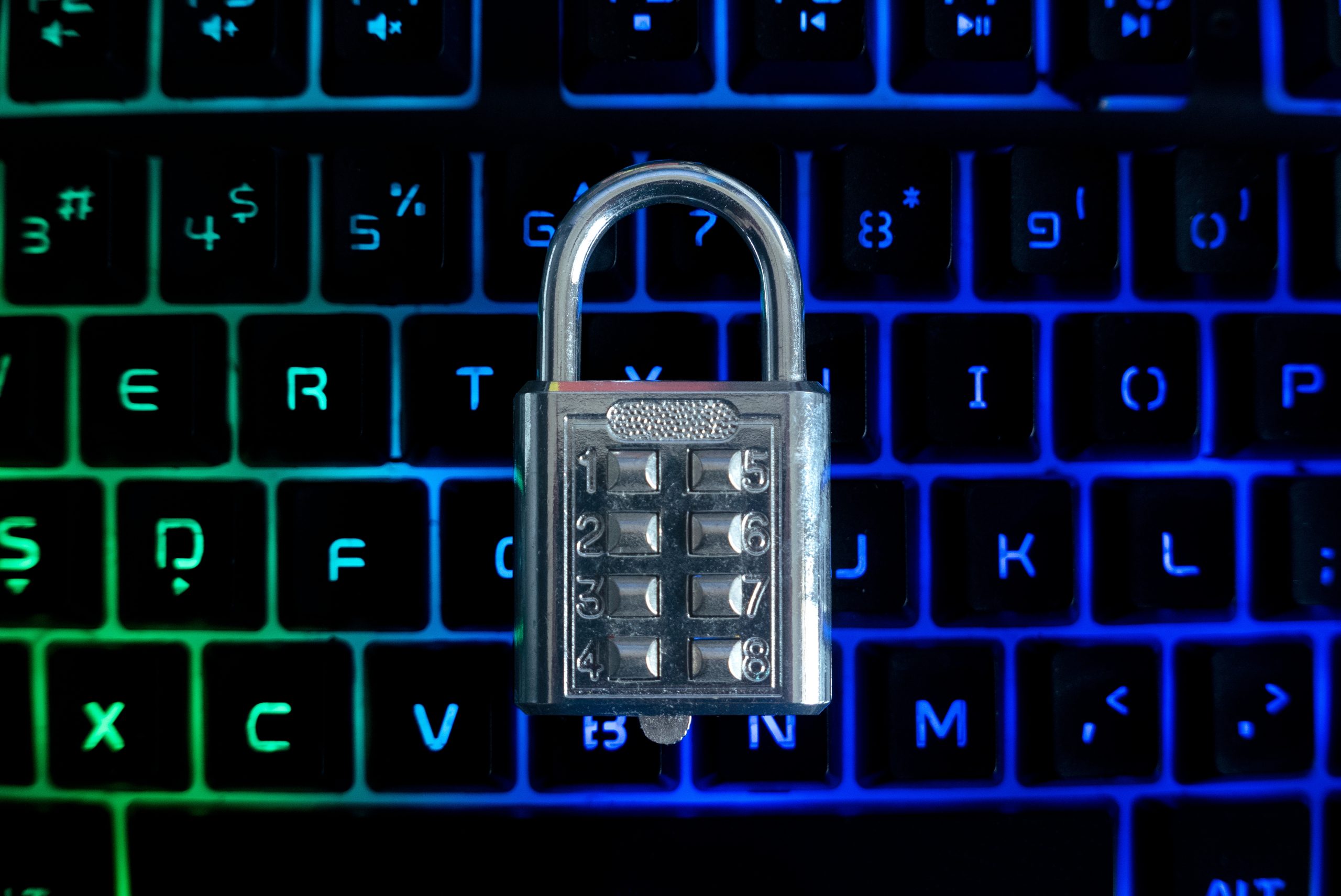 Top view of padlock on a computer keyboard